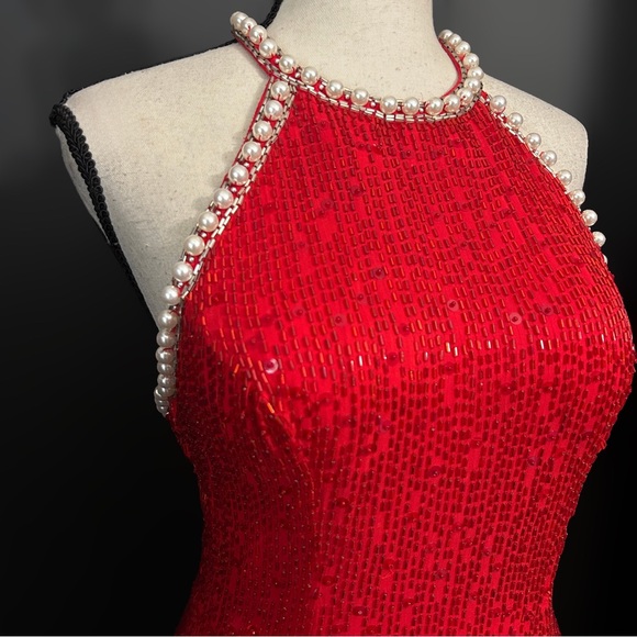 Vintage 80s Red Silk Beaded Pearl Oleg Cassini Black Tie Cocktail Dress Glam 2 - Picture 3 of 11